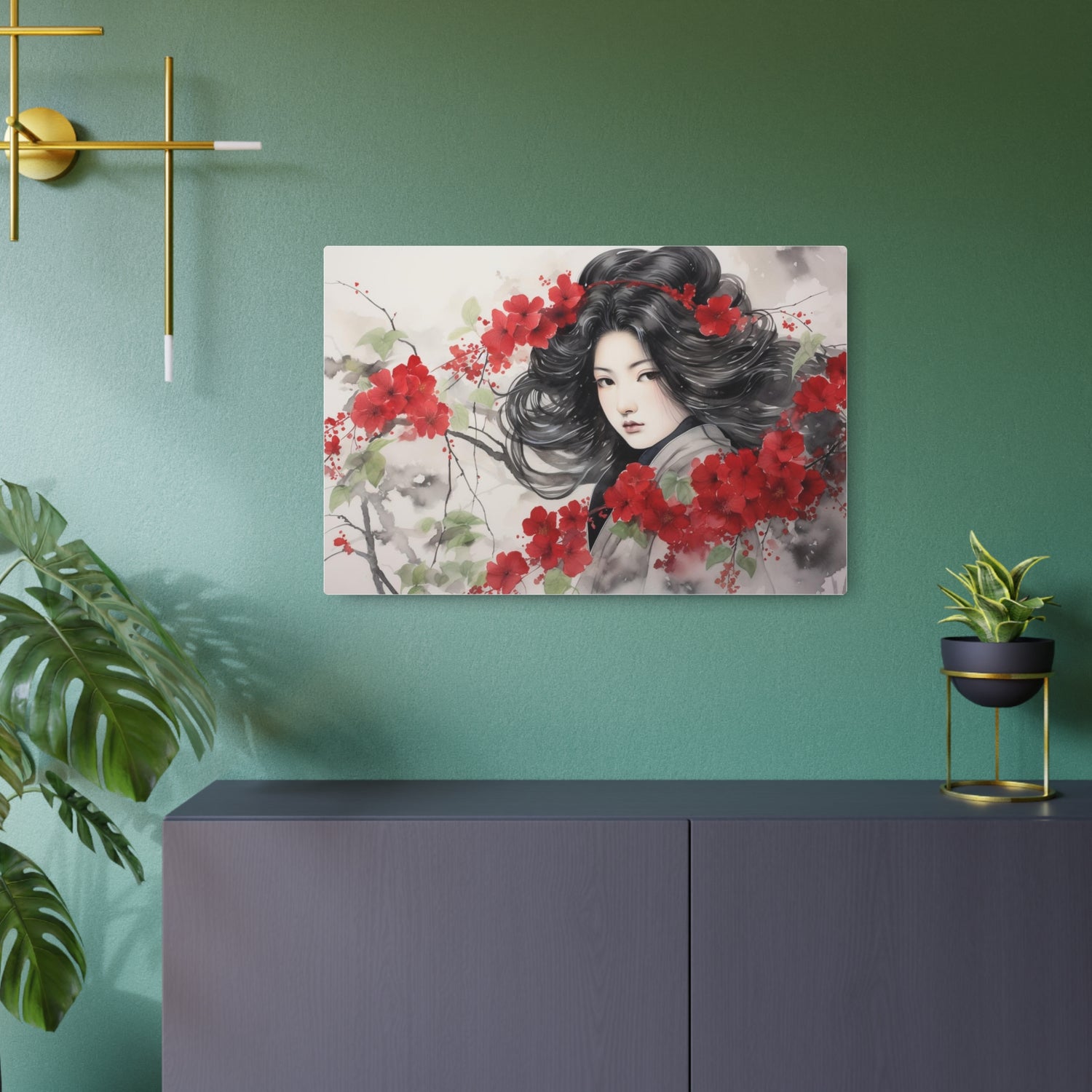 Metal Art Asian Woman with Red Blossoms Decorative Wall Art - The Art Hub