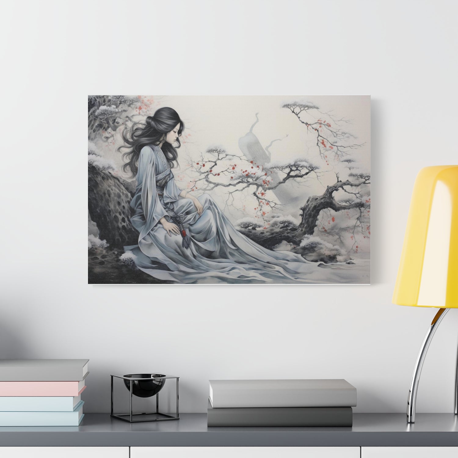 Canvas Wall Art Serene Geisha in Misty Cherry Blossom - The Art Hub