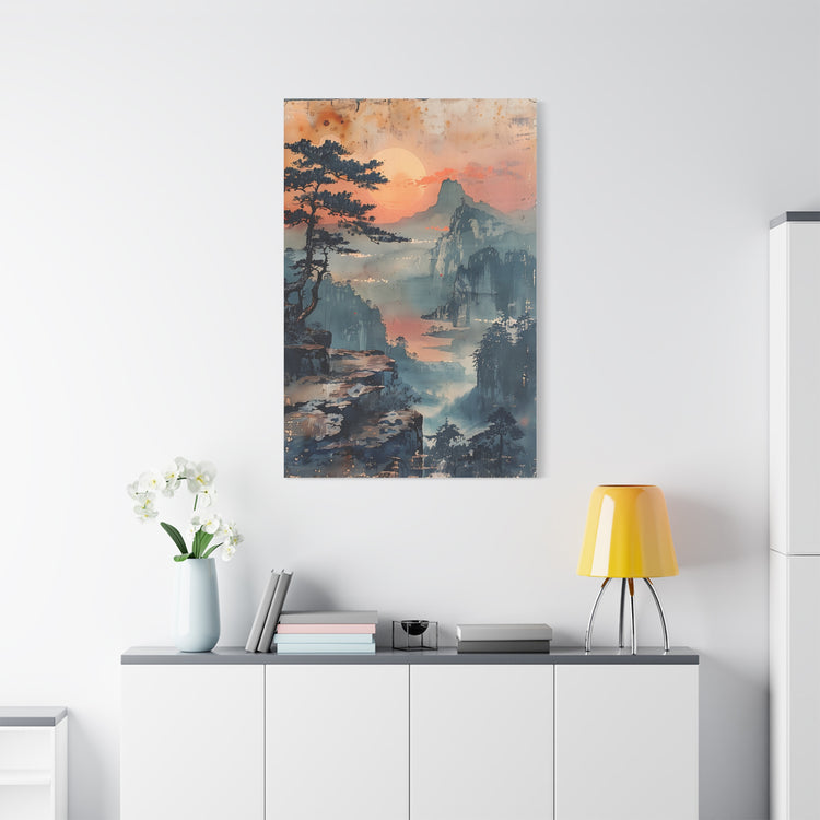 Sunset Mountain Landscape Canvas Print — Misty Pine Cliff Wall Art - The Art Hub