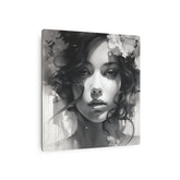 Metal Wall Art Sign — Monochrome Portrait of Woman with Floral Accents - The Art Hub