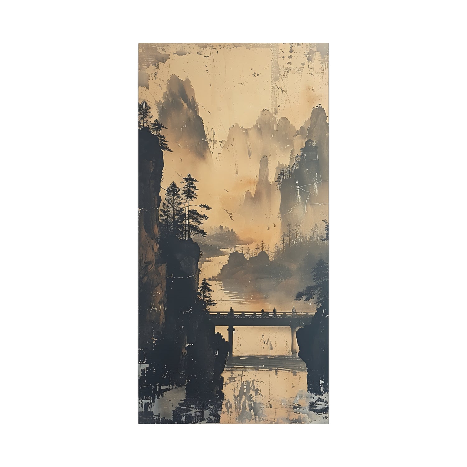 Serene Mountain Bridge Canvas Wall Art — East Asian Landscape Matte Stretched Print - The Art Hub