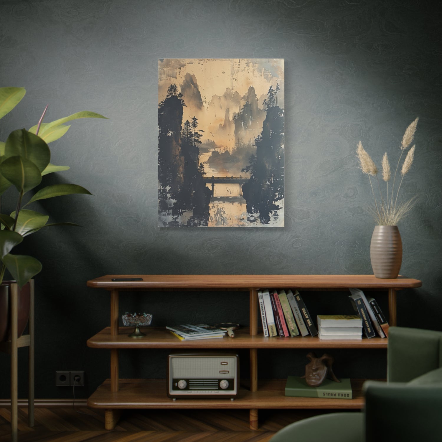 Serene Mountain Bridge Canvas Wall Art — East Asian Landscape Matte Stretched Print - The Art Hub