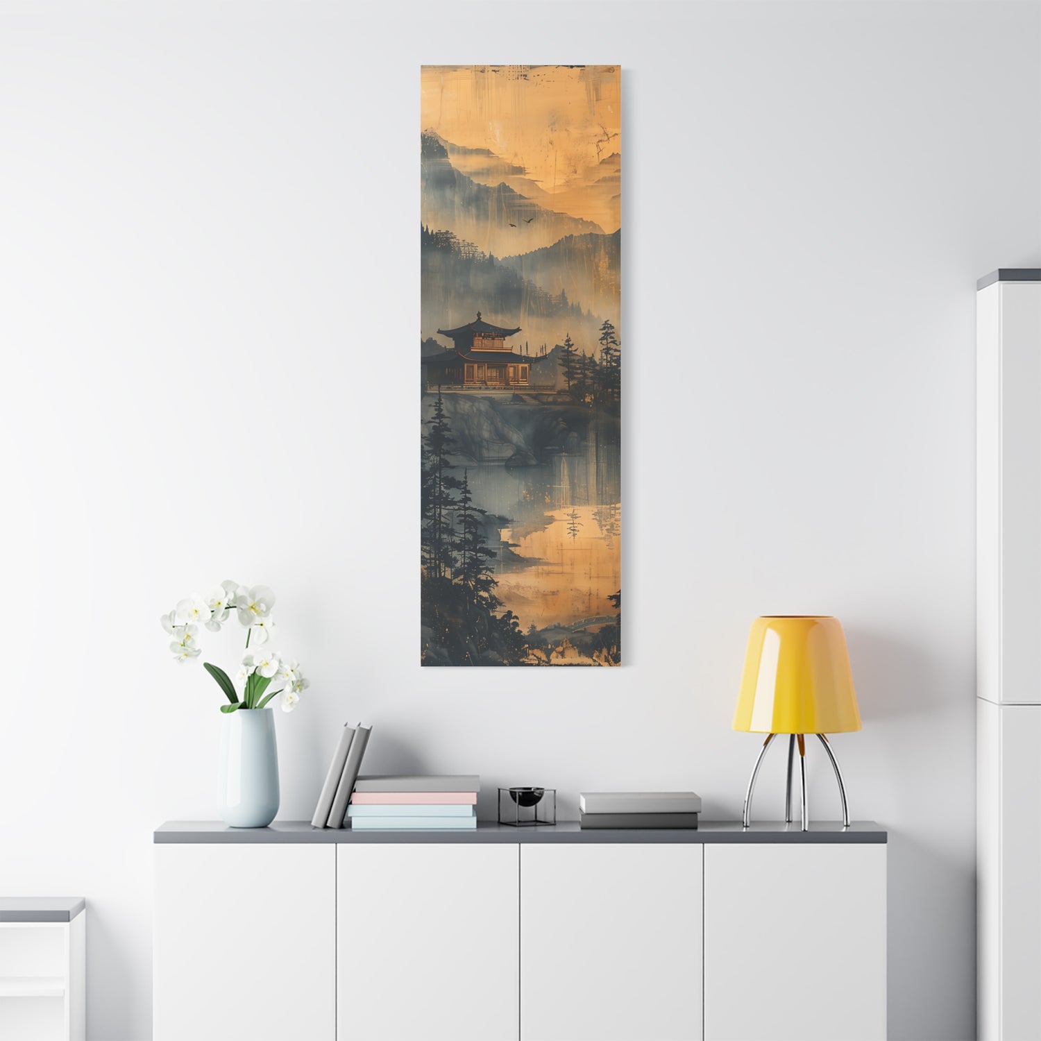 Golden Mist Mountain Landscape Canvas — Asian Pagoda Wall Art - The Art Hub