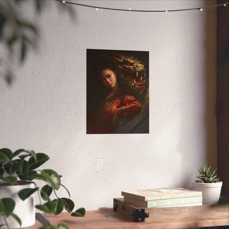 Matte Vertical Poster — Asian Warrior Woman with Dragon Art Print - The Art Hub