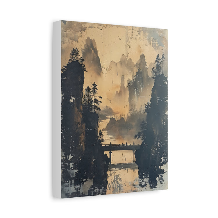 Serene Mountain Bridge Canvas Wall Art — East Asian Landscape Matte Stretched Print - The Art Hub