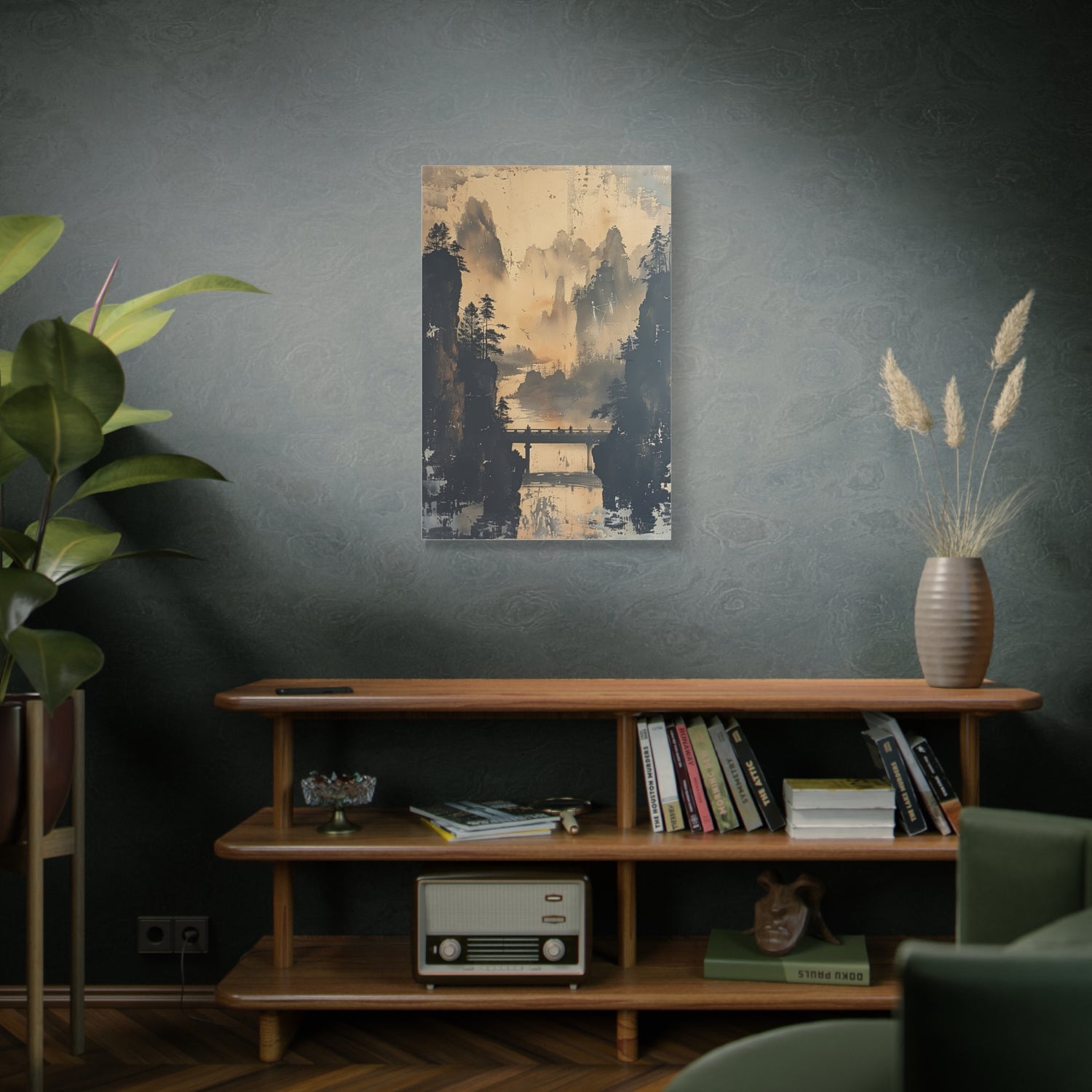 Serene Mountain Bridge Canvas Wall Art — East Asian Landscape Matte Stretched Print - The Art Hub