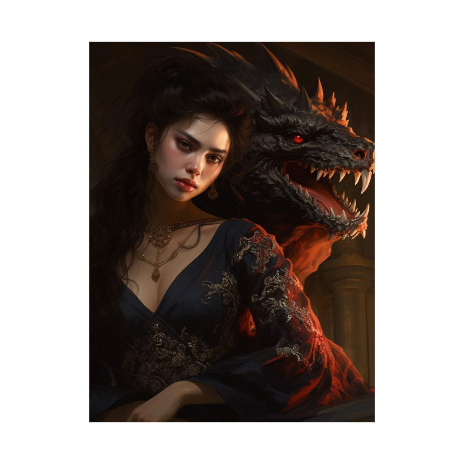 Fantasy Portrait Poster — Dark Sorceress with Dragon Matte Vertical Print - The Art Hub