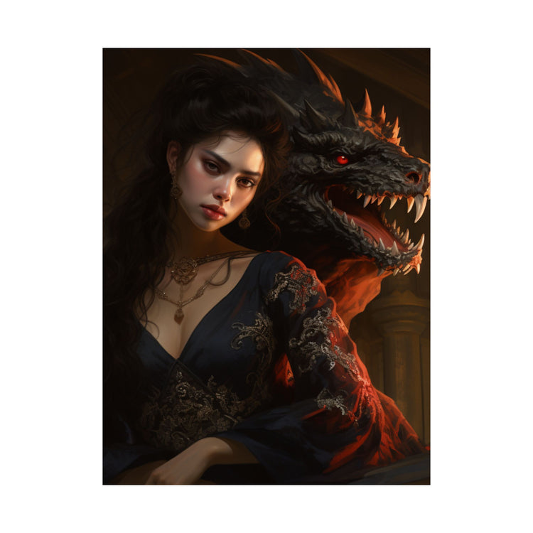 Fantasy Portrait Poster — Dark Sorceress with Dragon Matte Vertical Print - The Art Hub