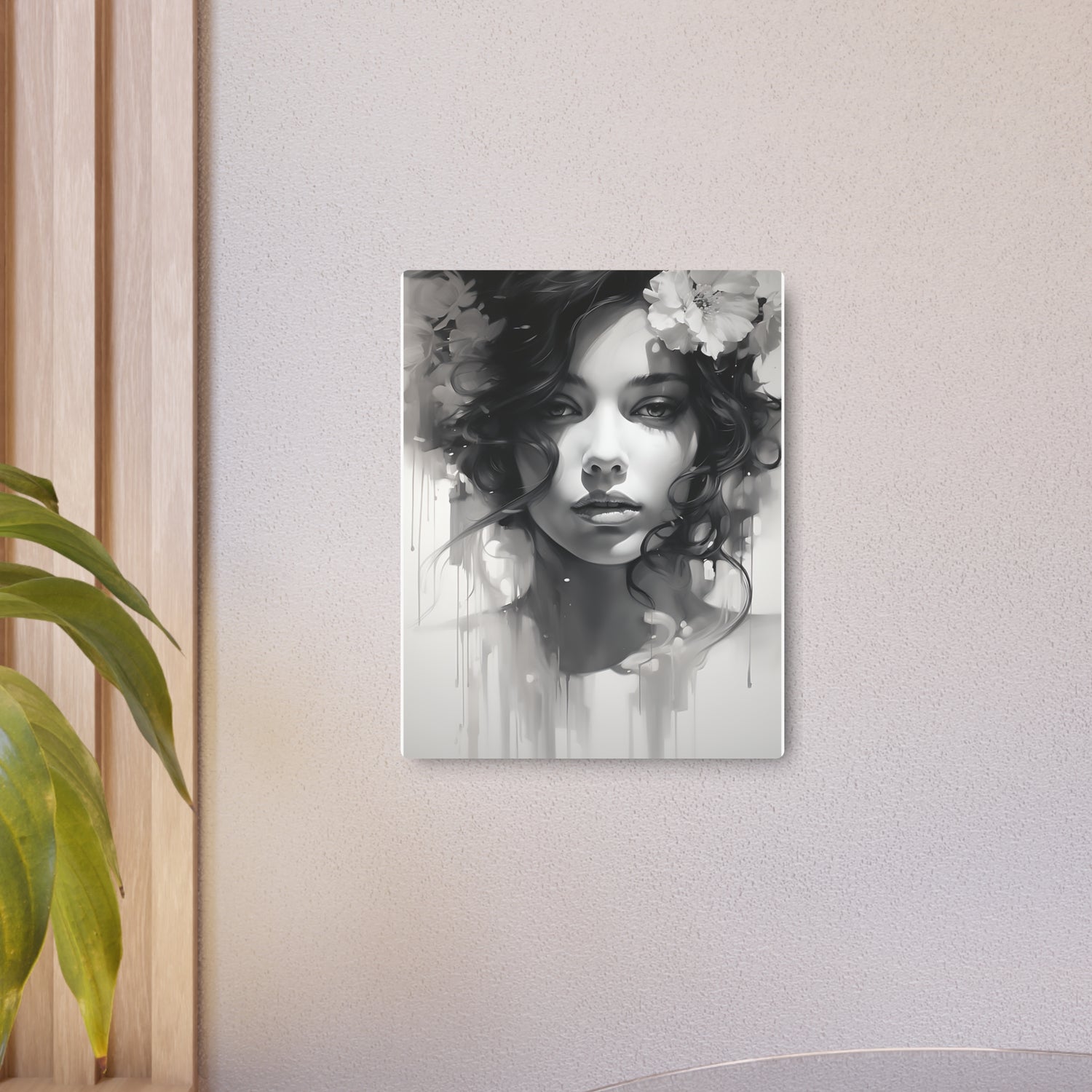 Metal Wall Art Sign — Monochrome Portrait of Woman with Floral Accents - The Art Hub