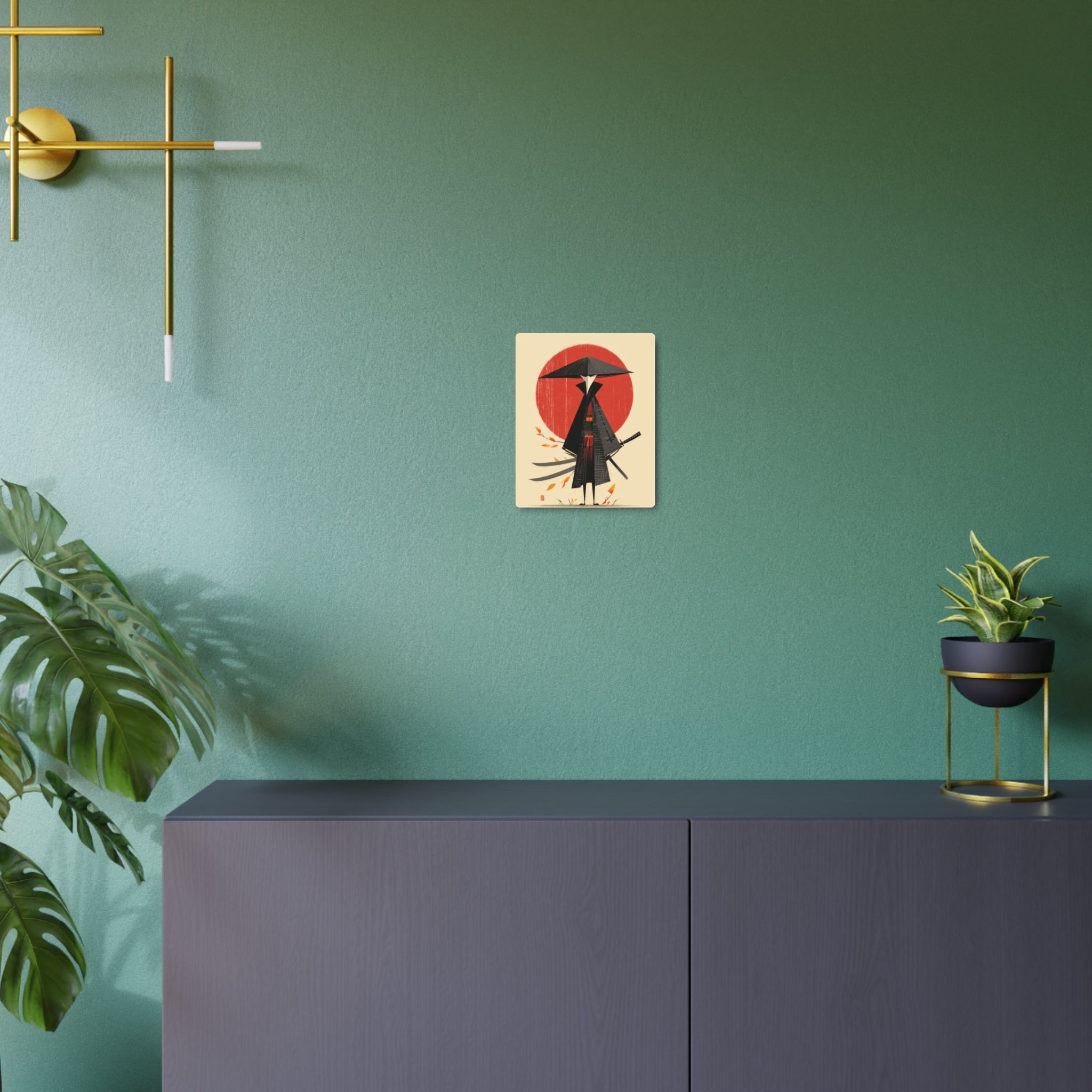 Samurai Metal Art Sign — Minimal Japanese Warrior Wall Decor with Red Sun