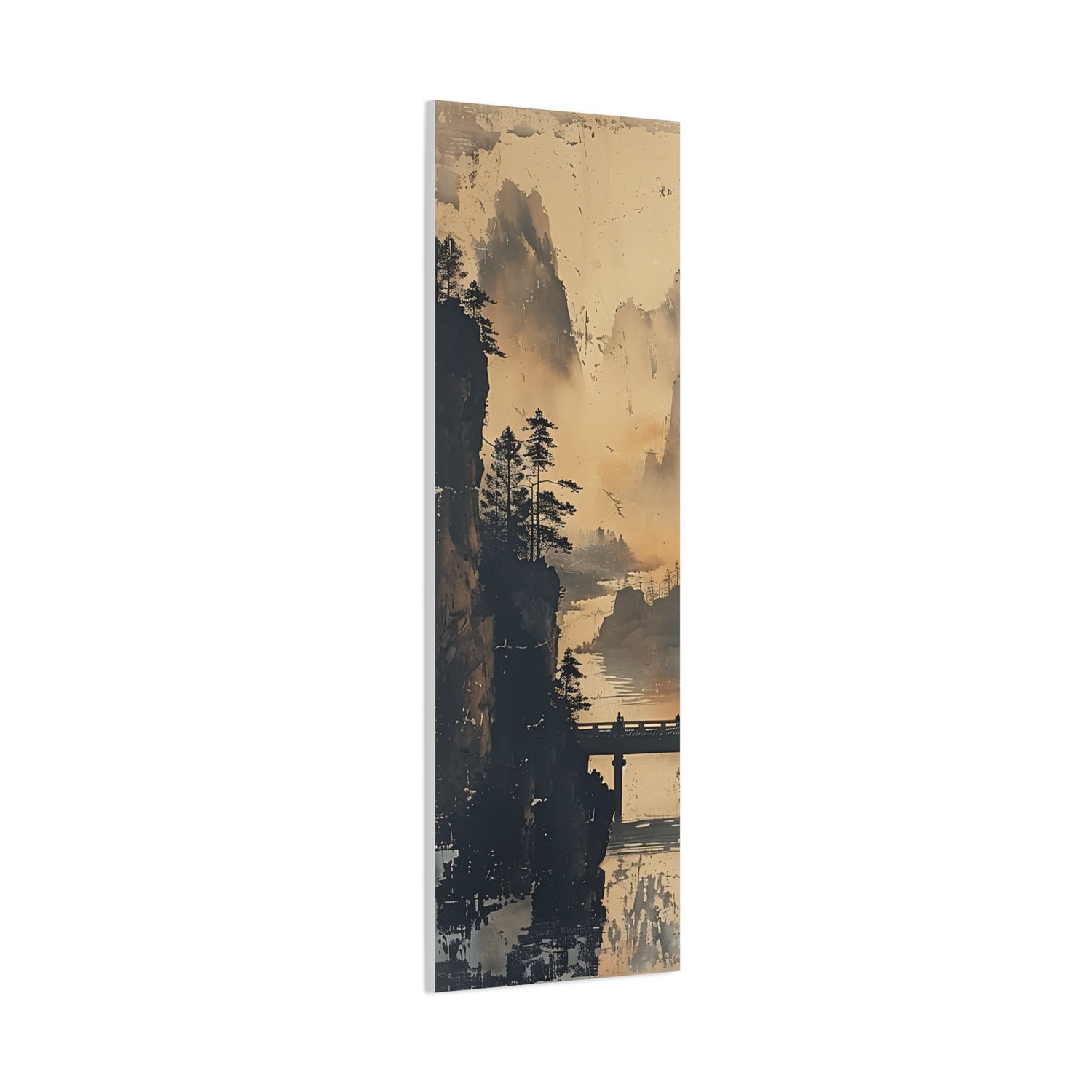 Serene Mountain Bridge Canvas Wall Art — East Asian Landscape Matte Stretched Print - The Art Hub