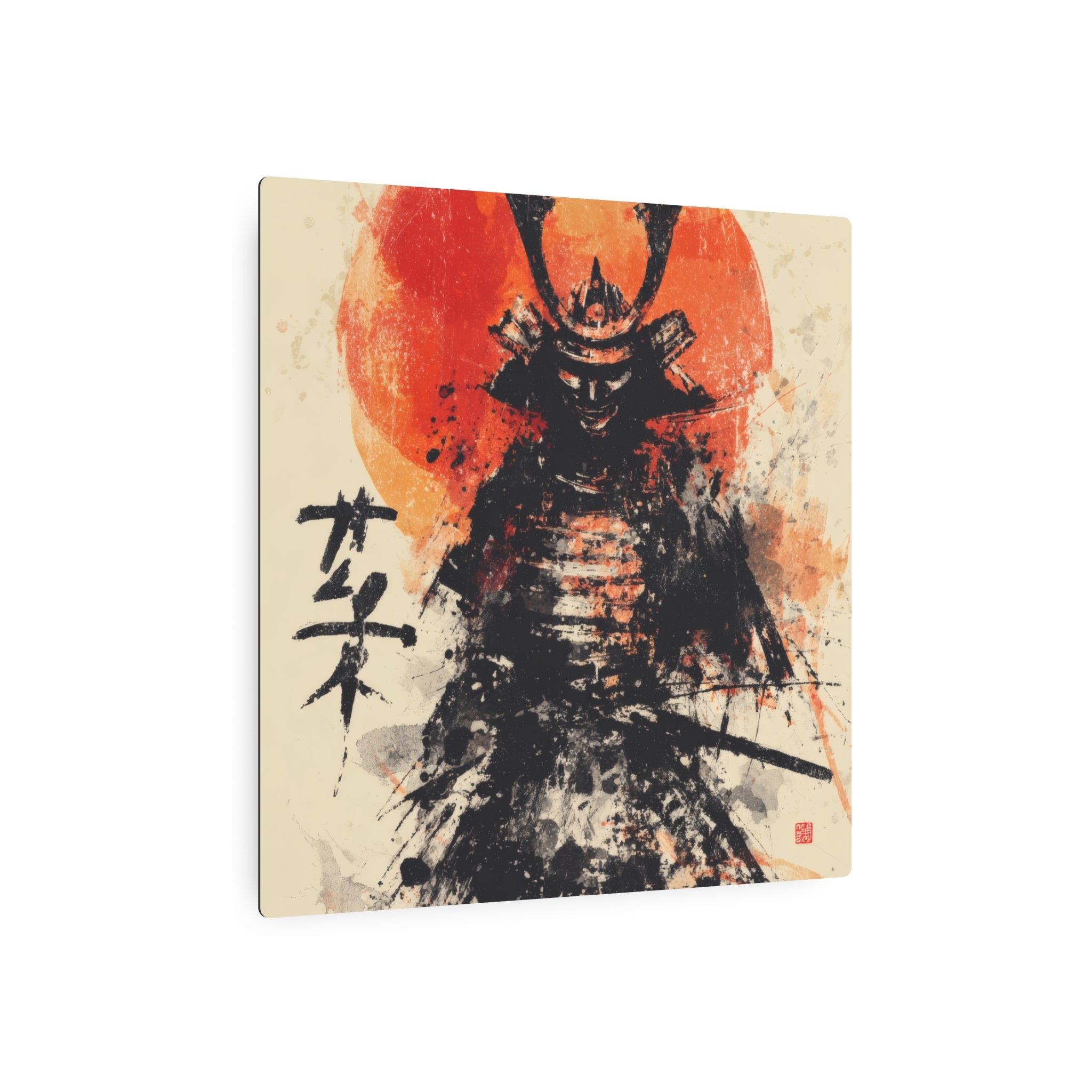Samurai Metal Art Sign — Ink Wash Warrior with Rising Sun