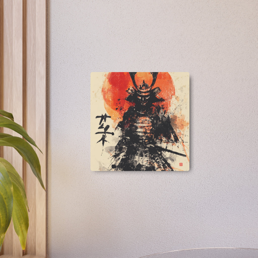Samurai Metal Art Sign — Ink Wash Warrior with Rising Sun