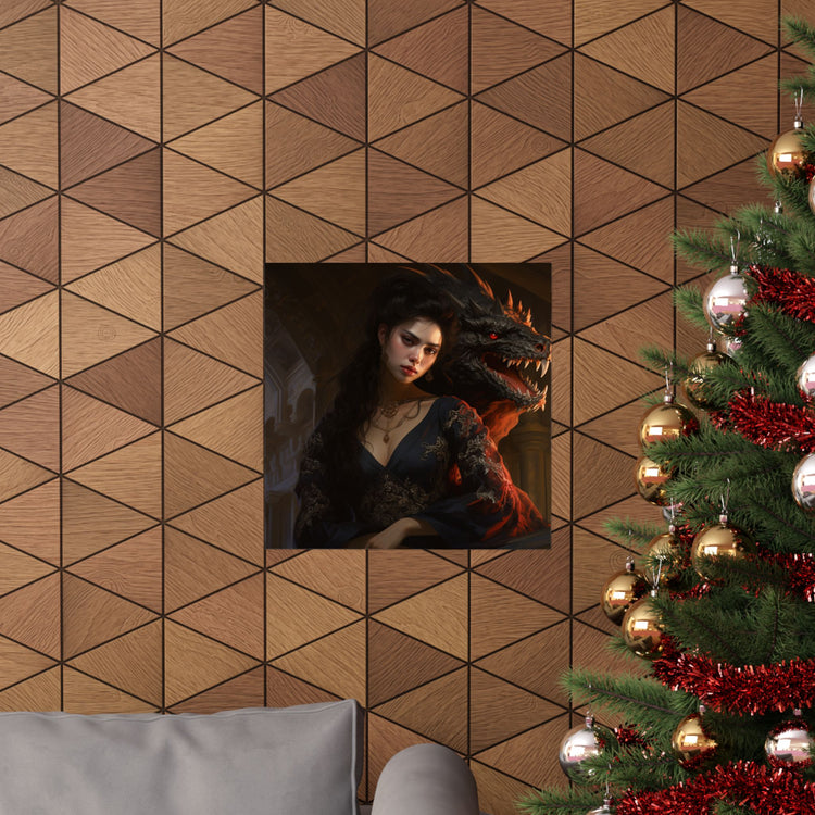 Fantasy Portrait Poster — Dark Sorceress with Dragon Matte Vertical Print - The Art Hub