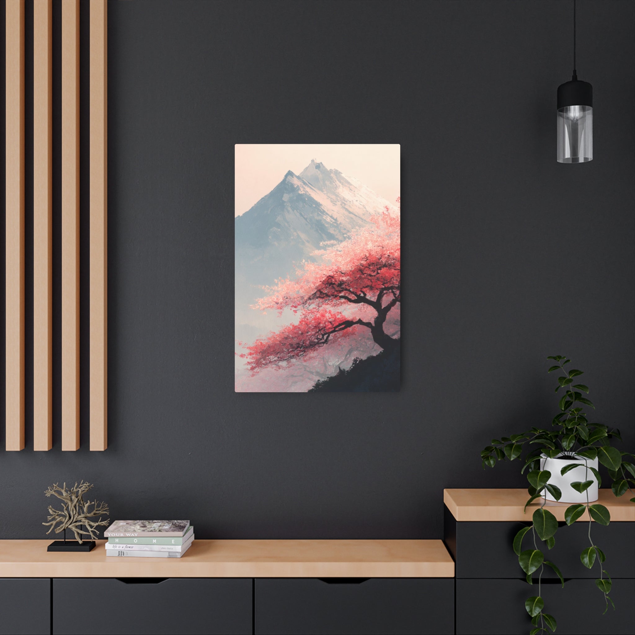 Metal Art Sign - Cherry Blossom Mountain Landscape Wall Decor