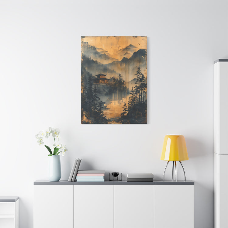 Golden Mist Mountain Landscape Canvas — Asian Pagoda Wall Art - The Art Hub