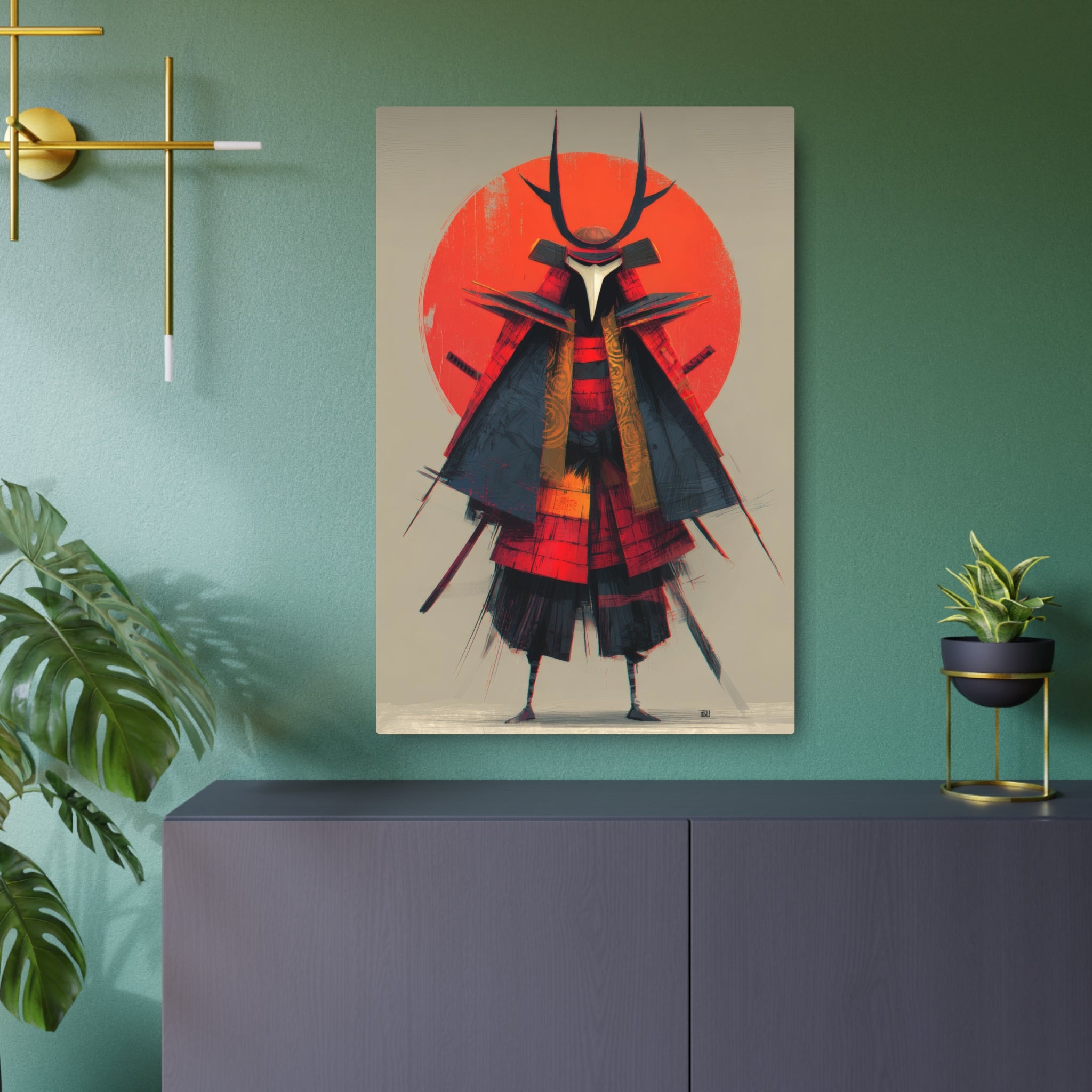 Samurai Metal Art Sign — Red Sun Warrior Wall Decor