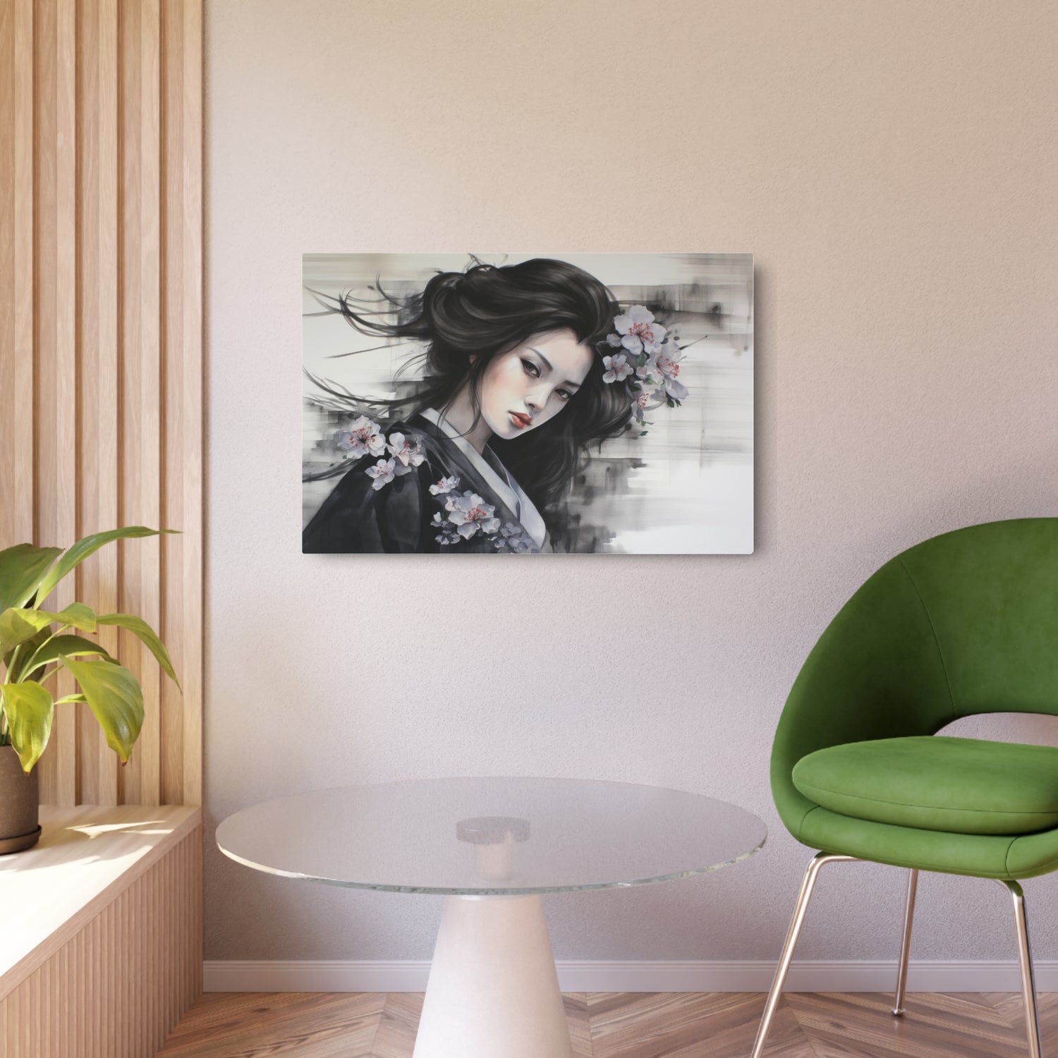 Metal Art Elegant Geisha Portrait Wall Decor with Cherry Blossoms - The Art Hub