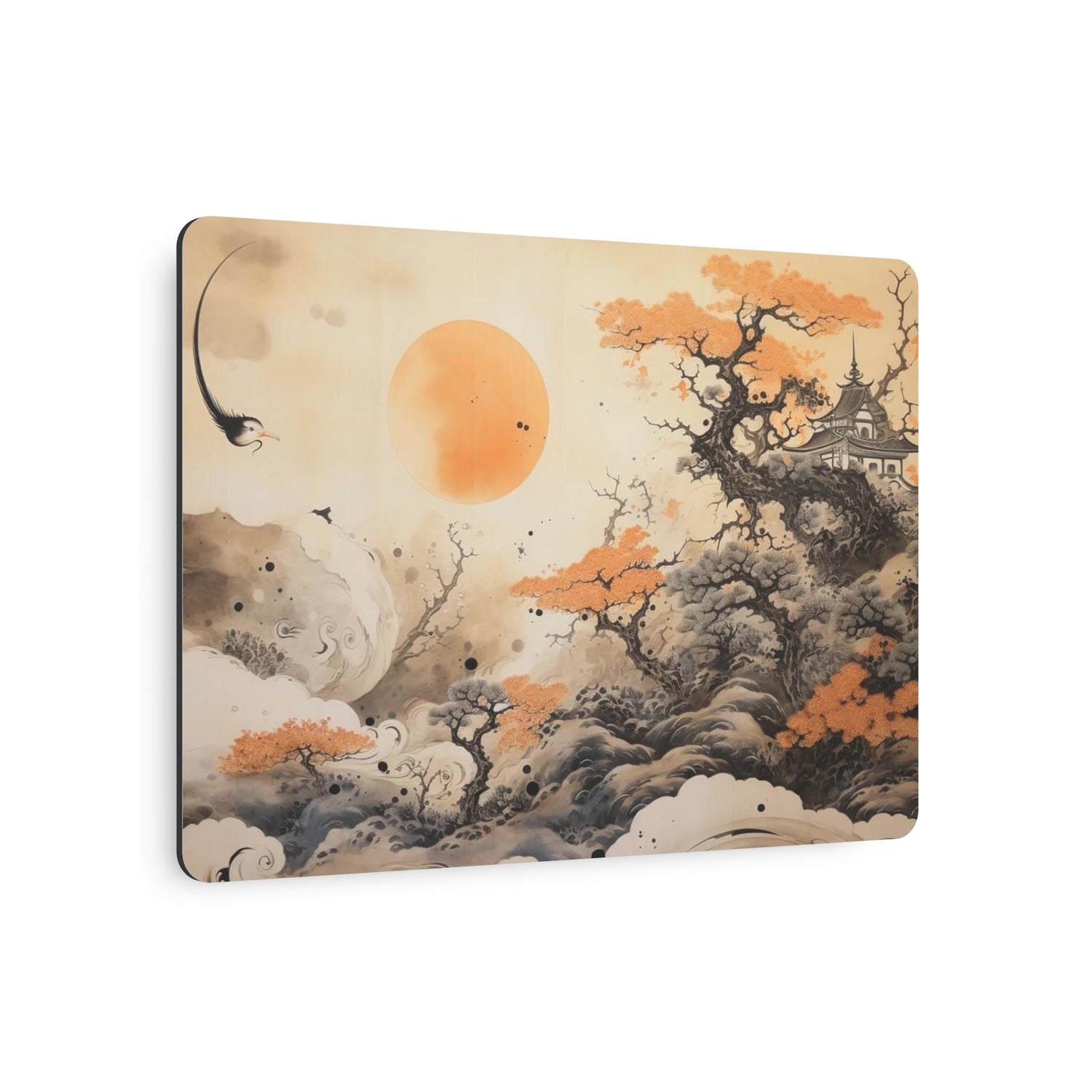 Japanese Landscape Metal Art Orange Sun & Bonsai Trees Wall Decor - The Art Hub