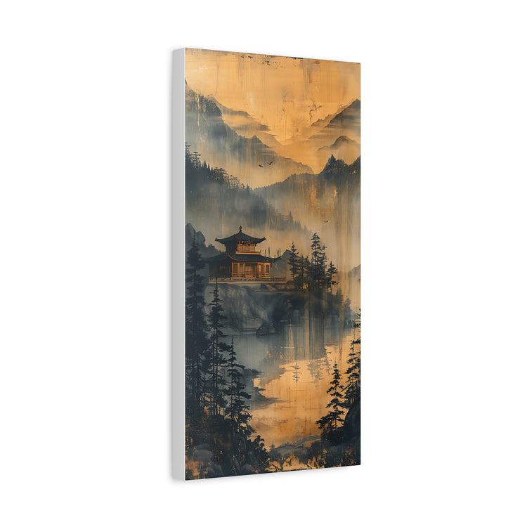 Golden Mist Mountain Landscape Canvas — Asian Pagoda Wall Art - The Art Hub