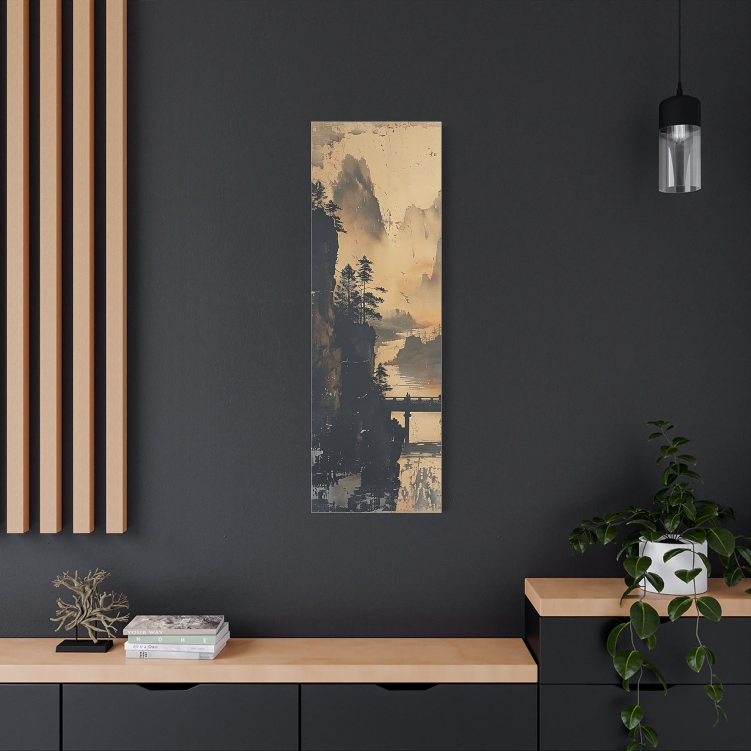 Serene Mountain Bridge Canvas Wall Art — East Asian Landscape Matte Stretched Print - The Art Hub