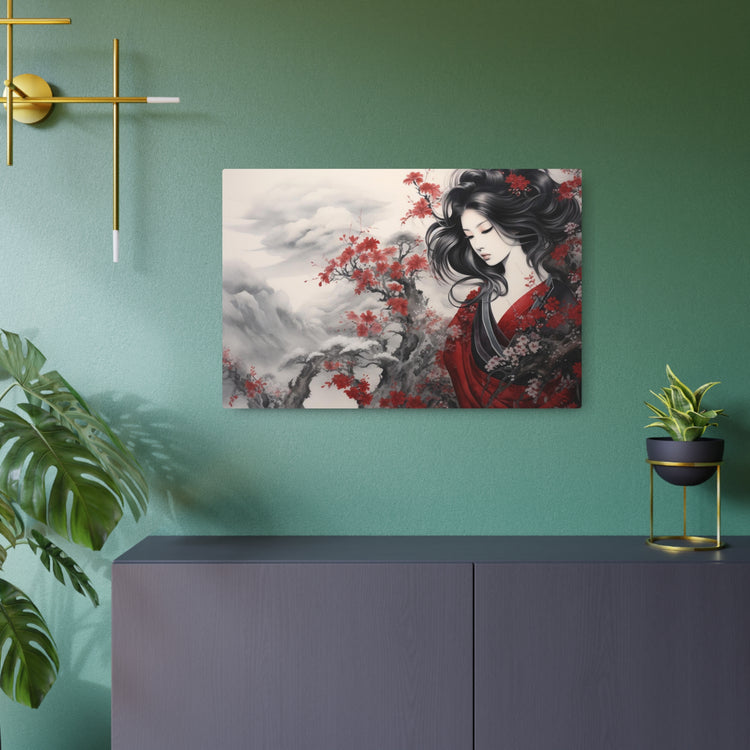 Metal Art Elegant Geisha Landscape with Red Maple Blossoms - The Art Hub
