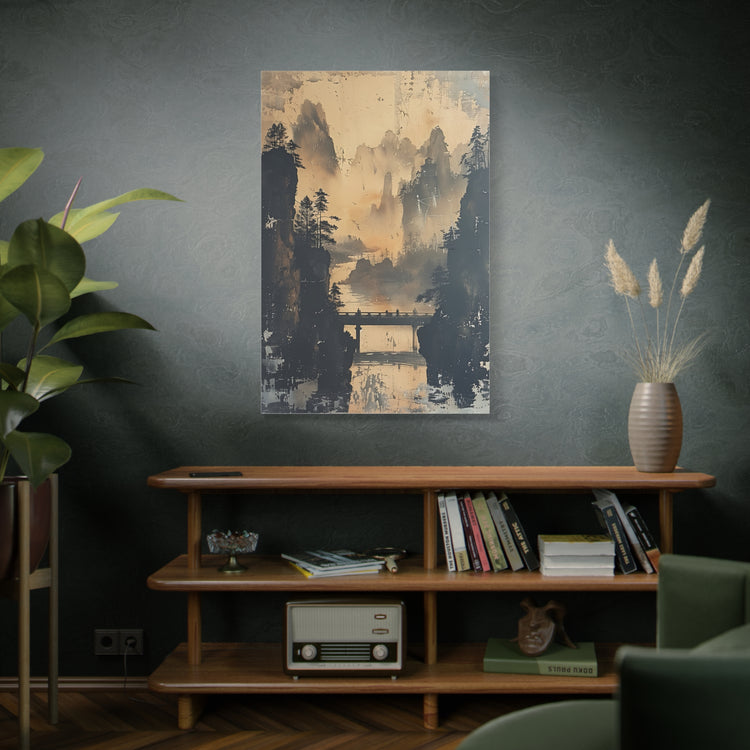 Serene Mountain Bridge Canvas Wall Art — East Asian Landscape Matte Stretched Print - The Art Hub