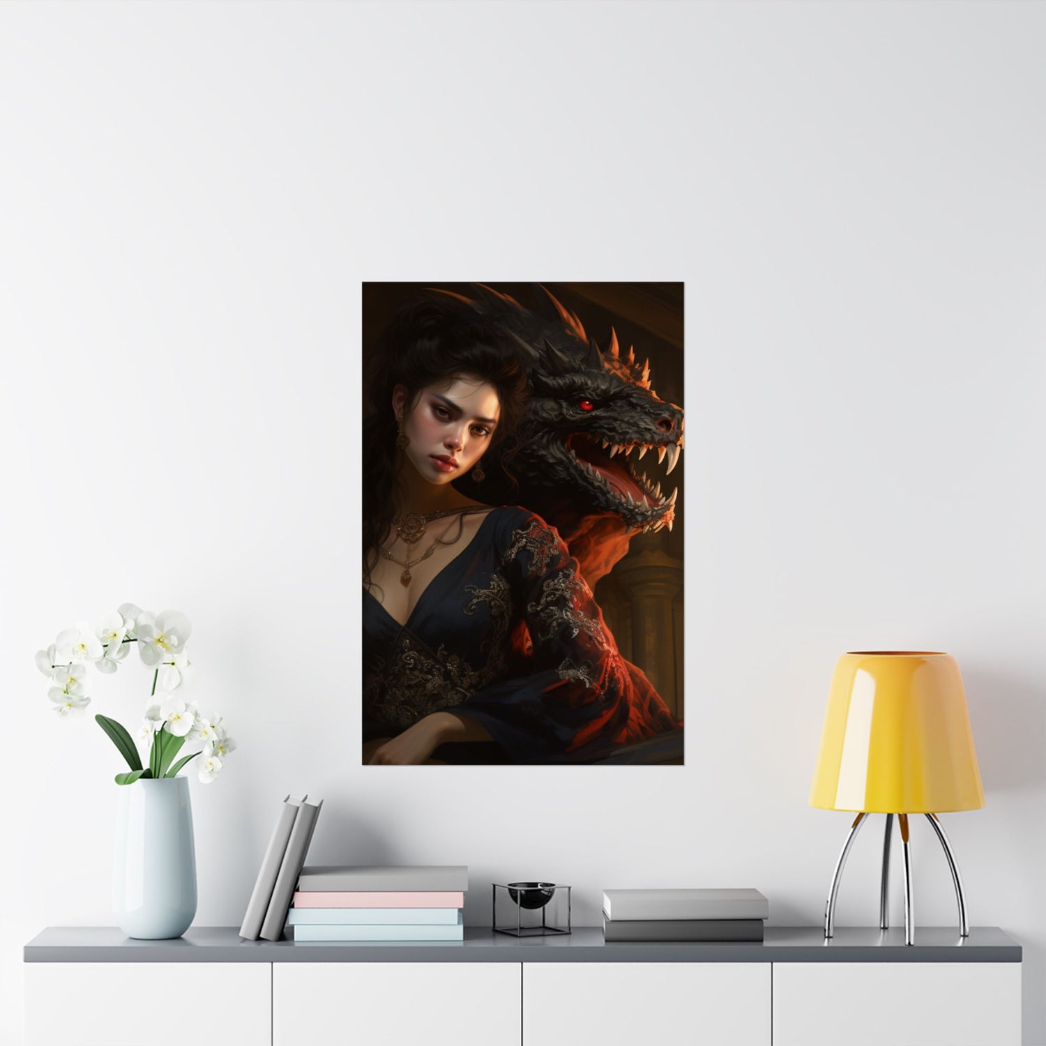 Fantasy Portrait Poster — Dark Sorceress with Dragon Matte Vertical Print - The Art Hub