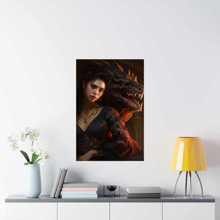 Fantasy Portrait Poster — Dark Sorceress with Dragon Matte Vertical Print - The Art Hub