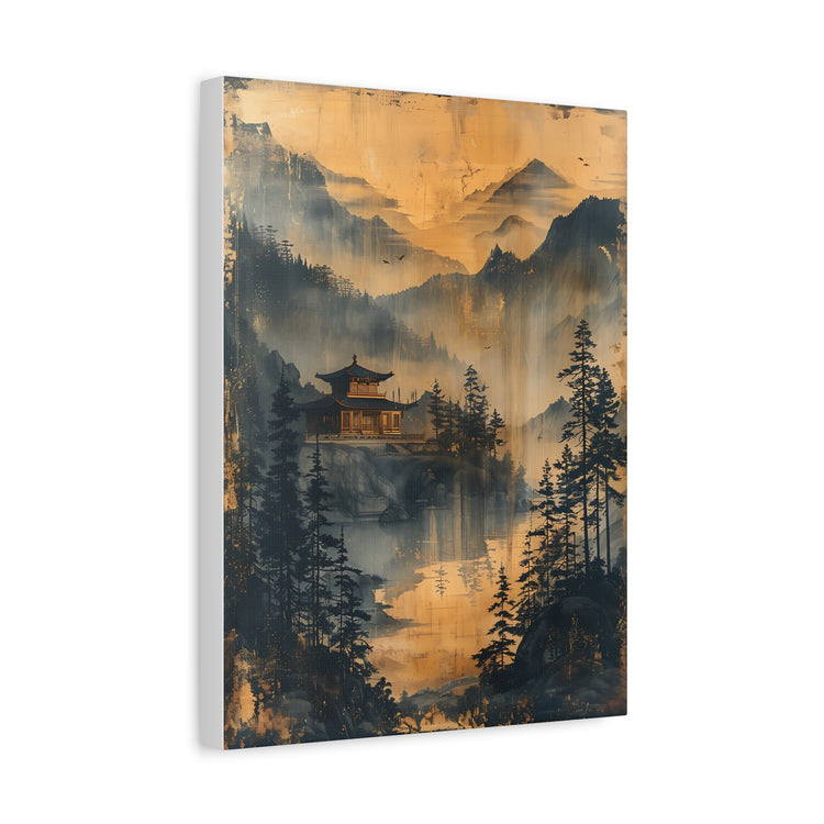 Golden Mist Mountain Landscape Canvas — Asian Pagoda Wall Art - The Art Hub