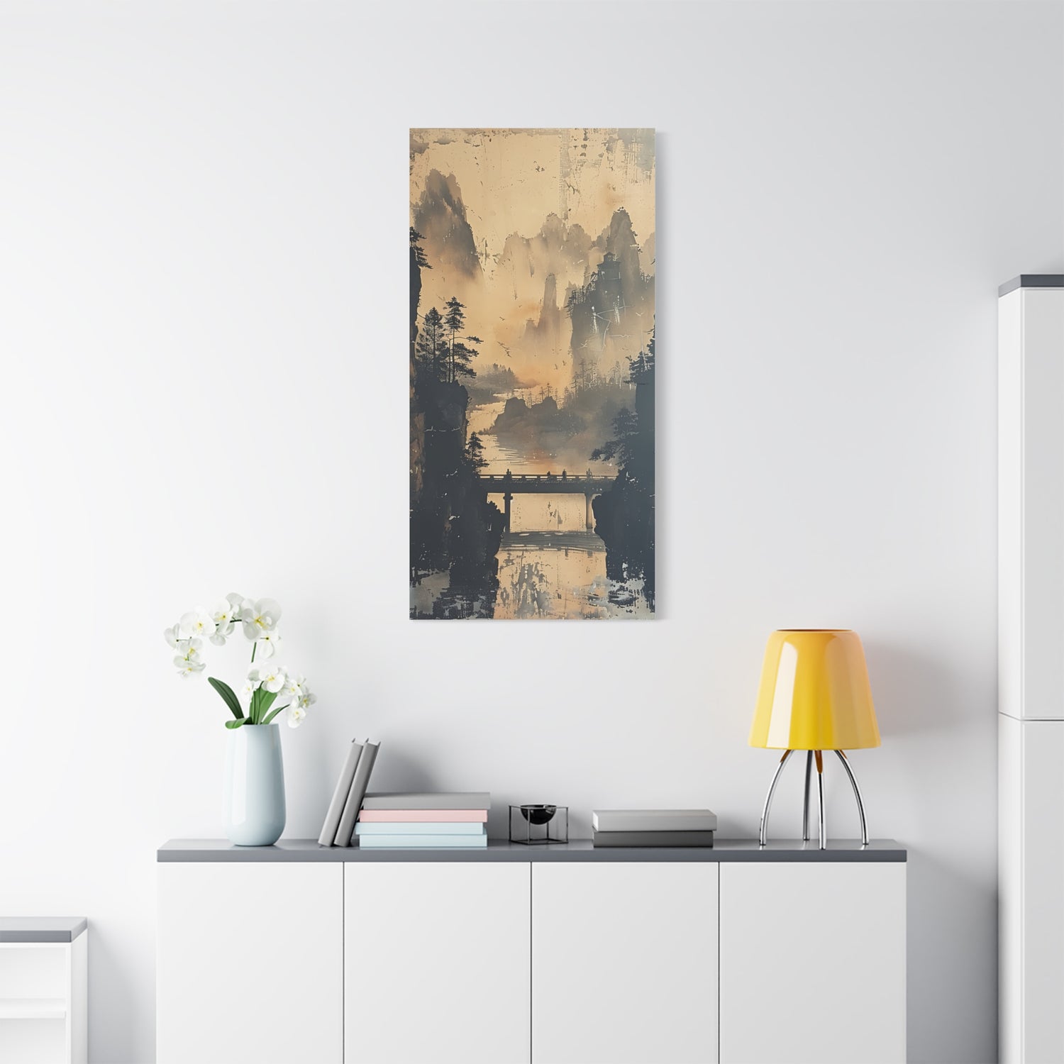 Serene Mountain Bridge Canvas Wall Art — East Asian Landscape Matte Stretched Print - The Art Hub