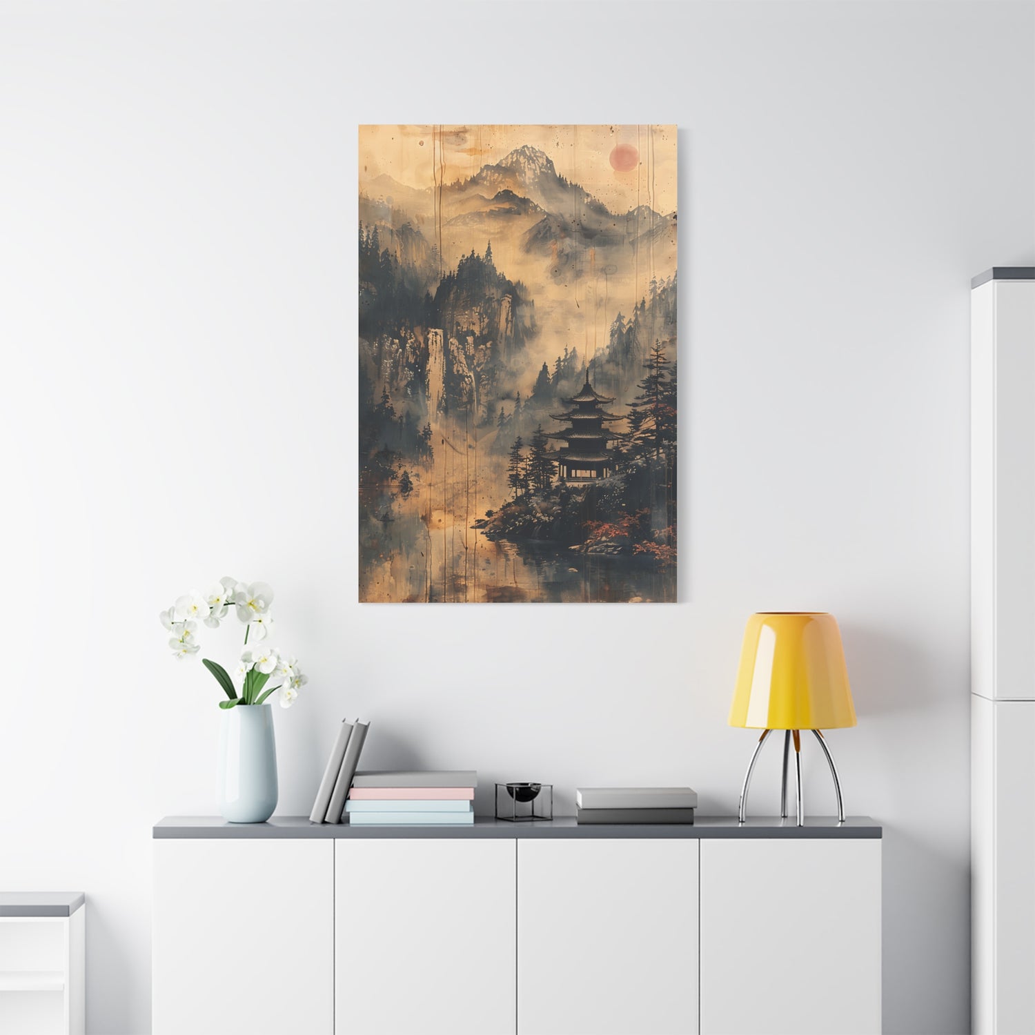 Zen Mountain Mist Canvas Art — Japanese Pagoda Landscape on Stretched Matte Canvas - The Art Hub