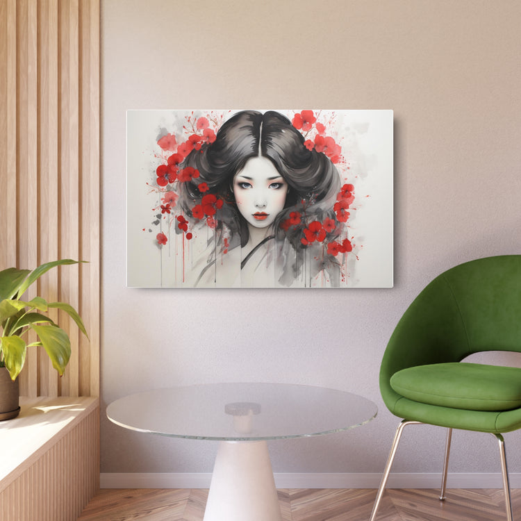 Metal Art Ethereal Geisha Portrait with Red Poppies  Japanese-Inspired Wall Decor - The Art Hub