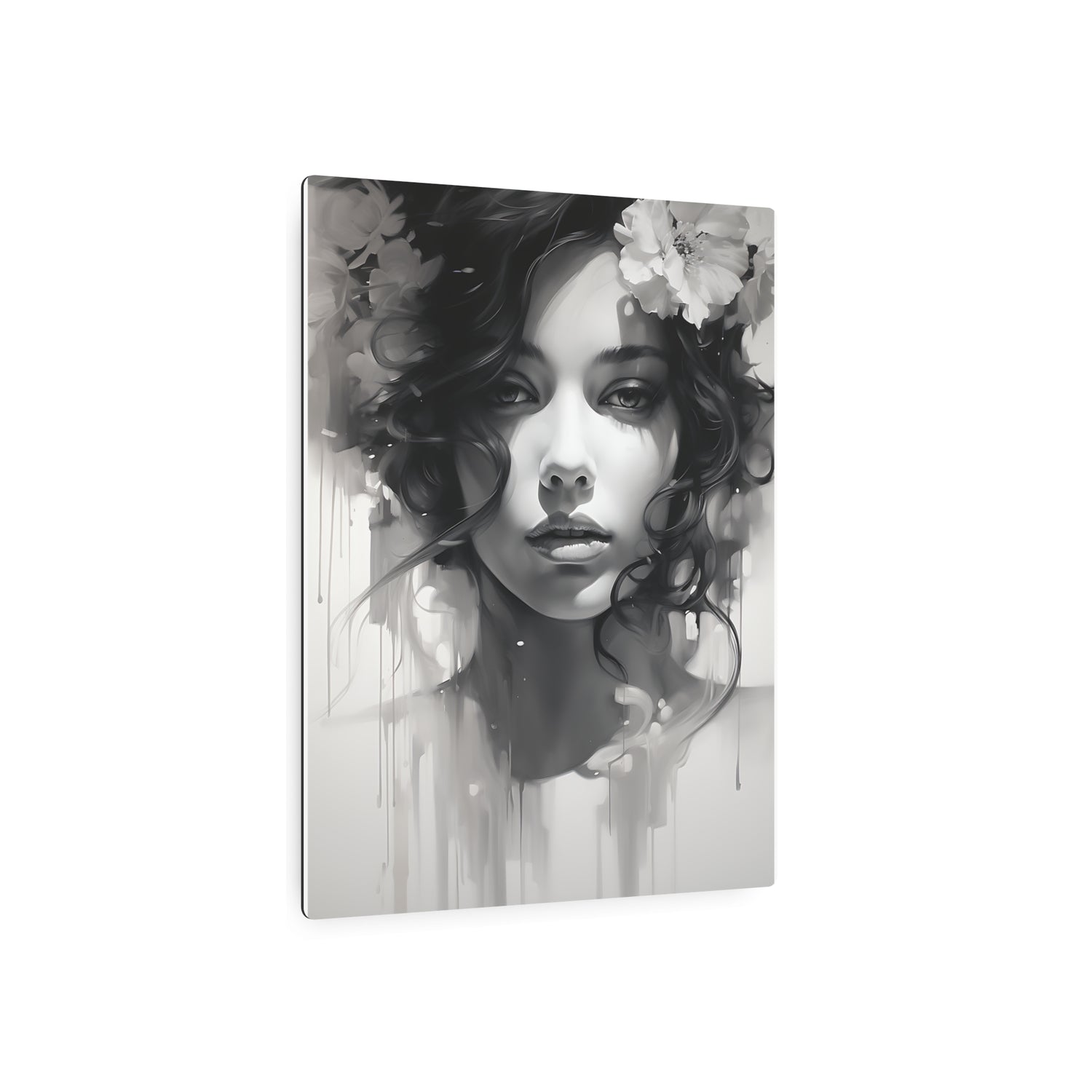 Metal Wall Art Sign — Monochrome Portrait of Woman with Floral Accents - The Art Hub
