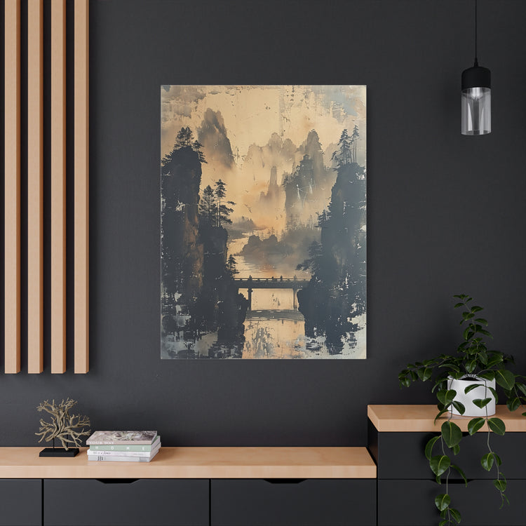 Serene Mountain Bridge Canvas Wall Art — East Asian Landscape Matte Stretched Print - The Art Hub