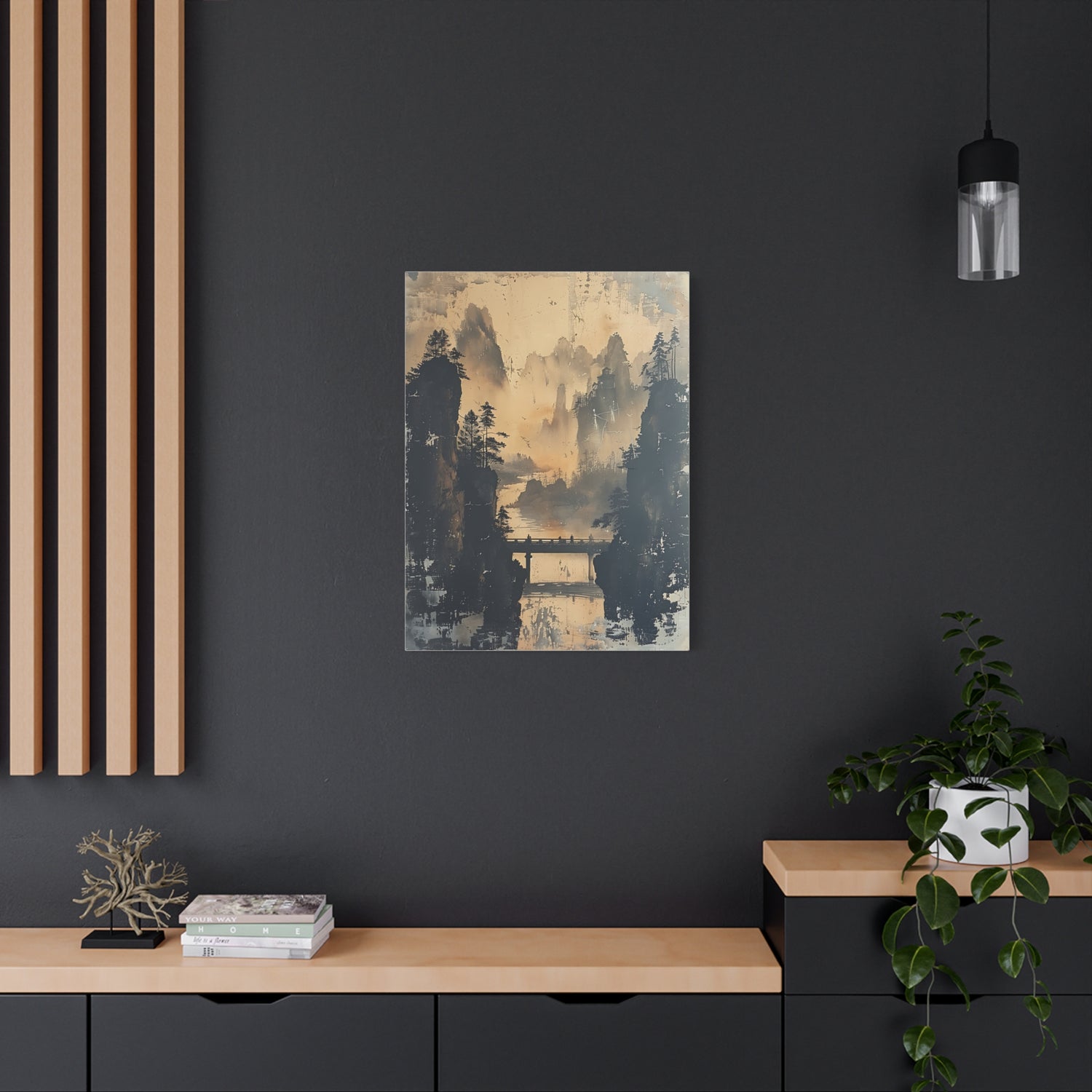Serene Mountain Bridge Canvas Wall Art — East Asian Landscape Matte Stretched Print - The Art Hub