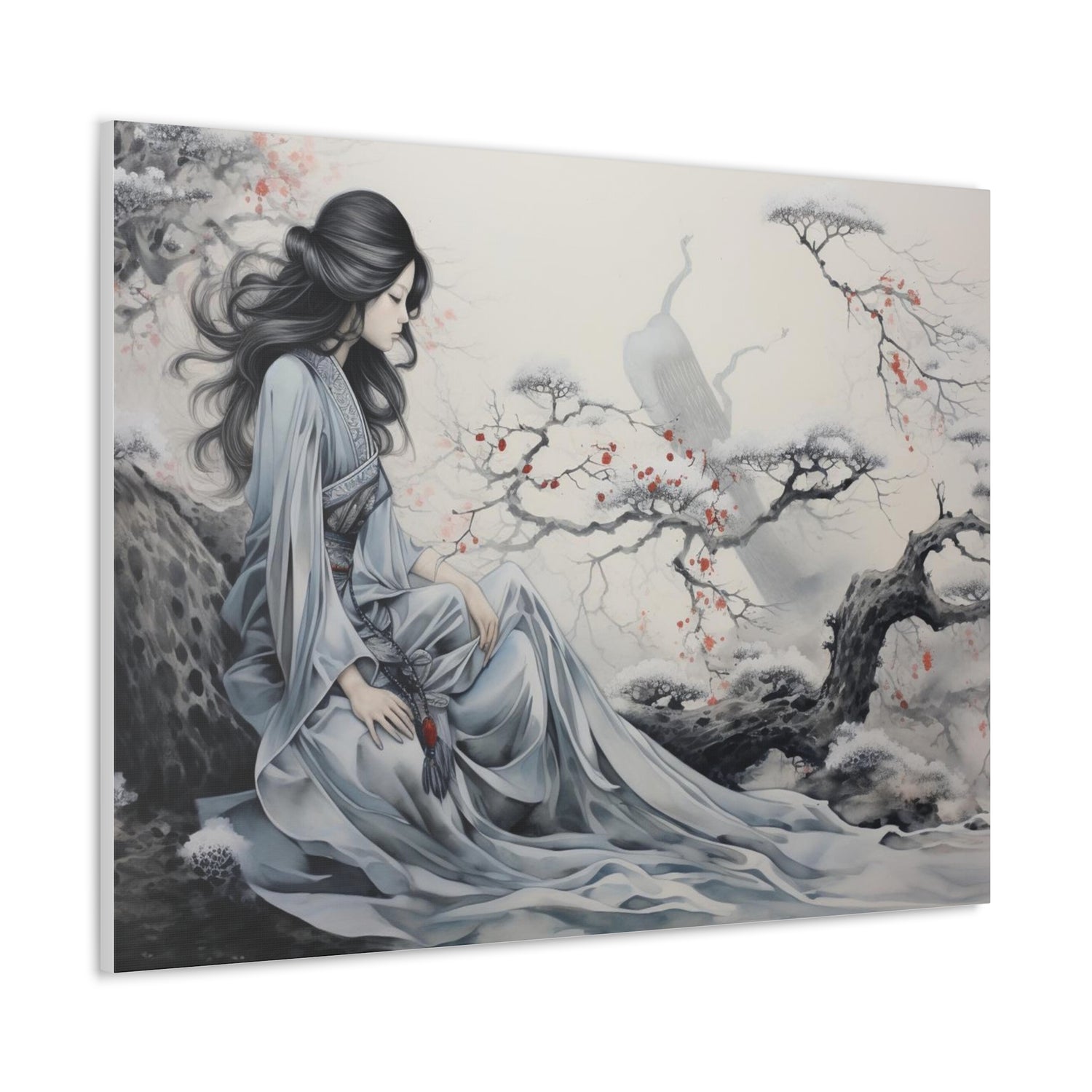 Canvas Wall Art Serene Geisha in Misty Cherry Blossom - The Art Hub