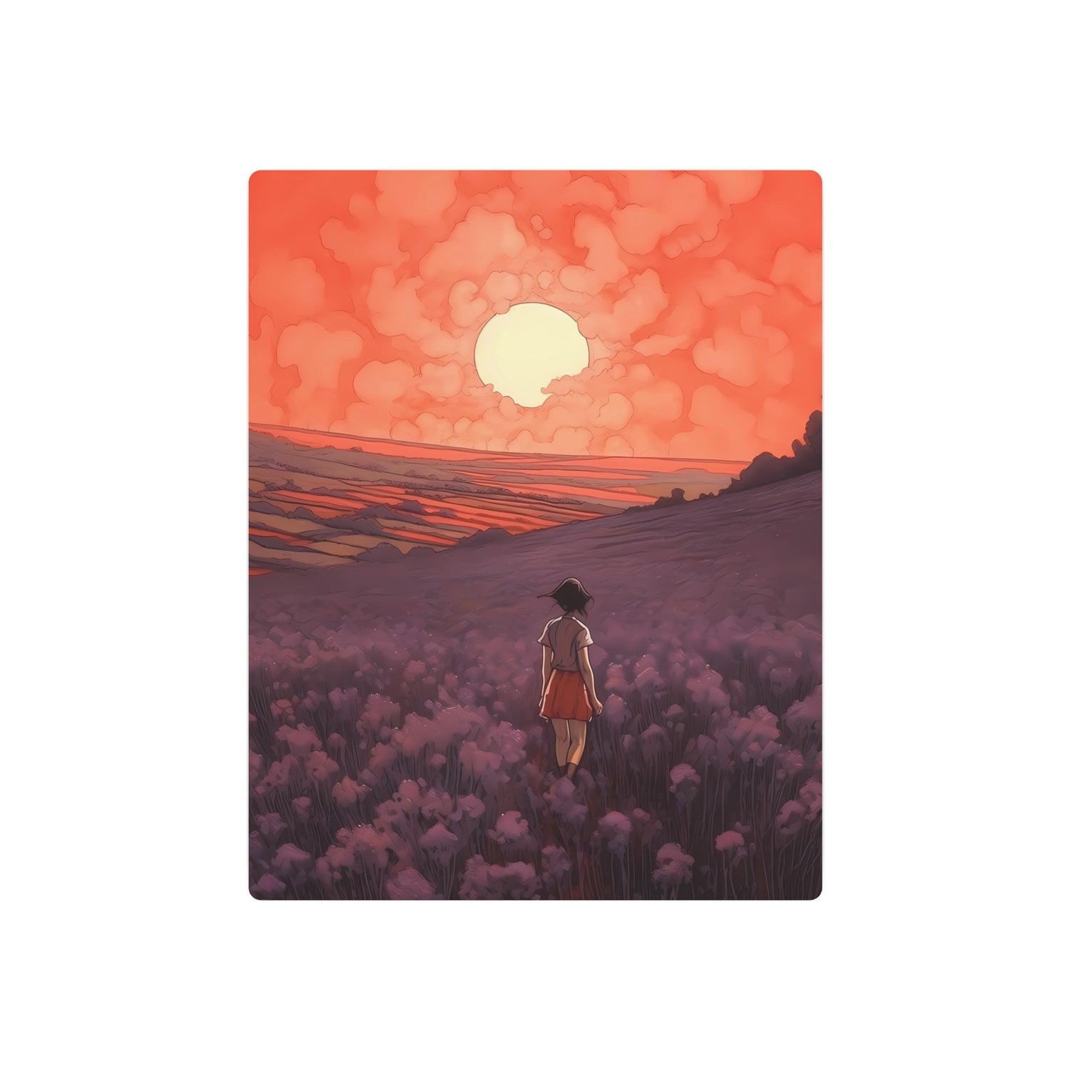 Sunset Meadow Metal Art — Girl Walking Through Lavender Field Wall Decor - The Art Hub