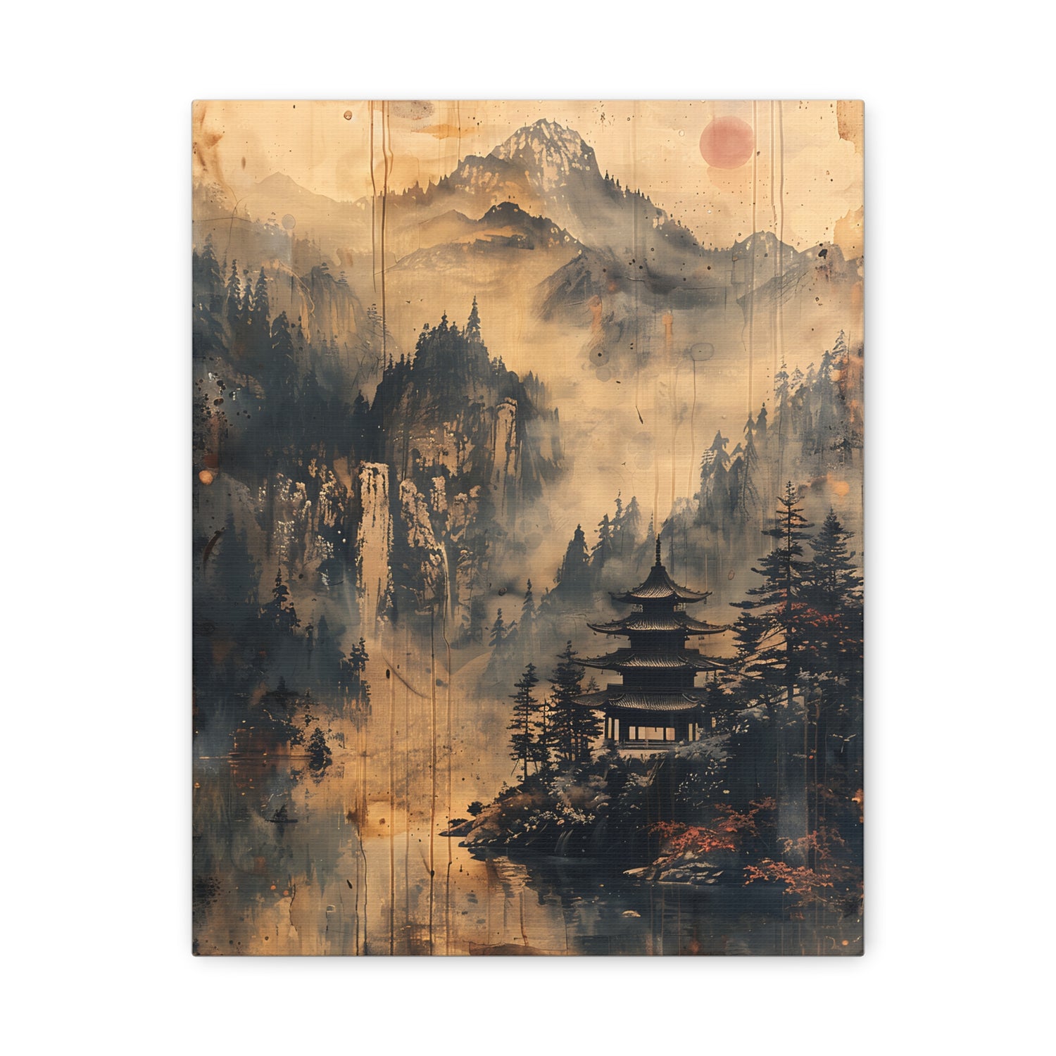 Zen Mountain Mist Canvas Art — Japanese Pagoda Landscape on Stretched Matte Canvas - The Art Hub