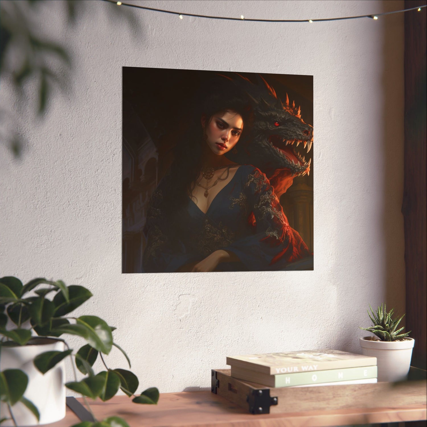 Fantasy Portrait Poster — Dark Sorceress with Dragon Matte Vertical Print - The Art Hub