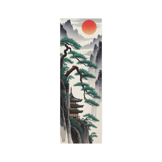 Japanese Mountain Pagoda with Pine Trees and Red Sun Wall Decor - The Art Hub