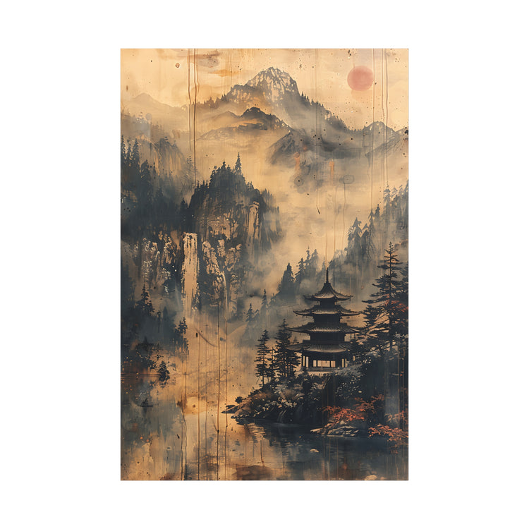 Zen Mountain Mist Canvas Art — Japanese Pagoda Landscape on Stretched Matte Canvas - The Art Hub