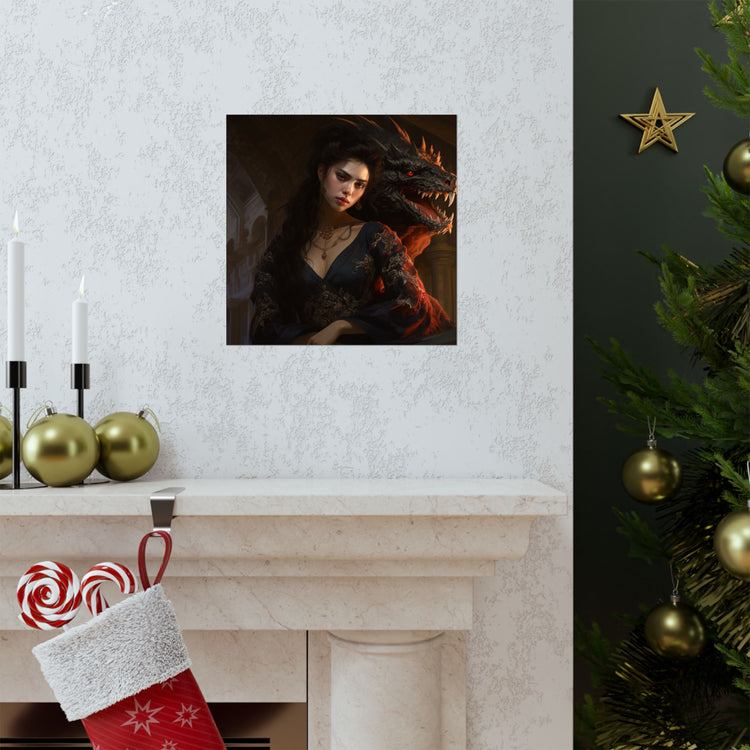 Fantasy Portrait Poster — Dark Sorceress with Dragon Matte Vertical Print - The Art Hub