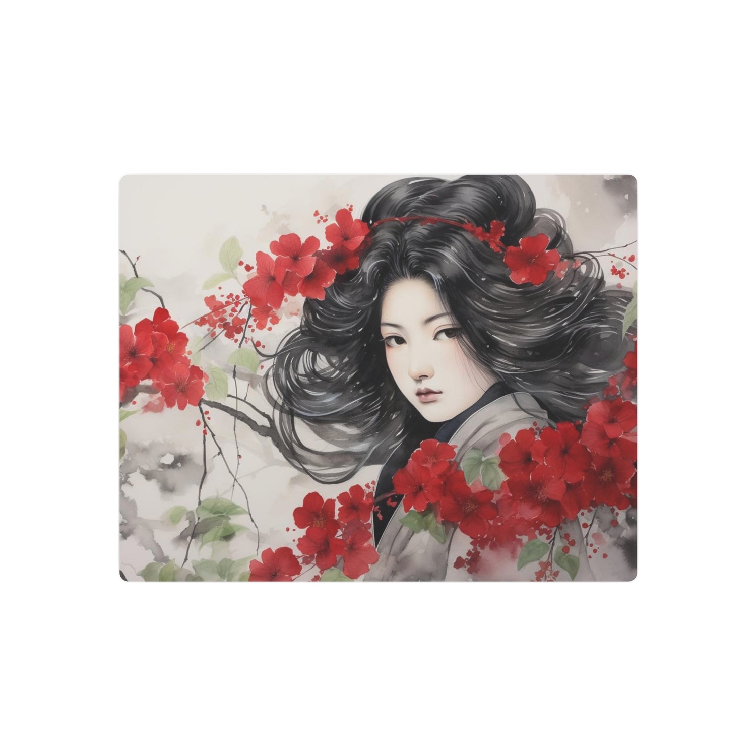 Metal Art Asian Woman with Red Blossoms Decorative Wall Art - The Art Hub