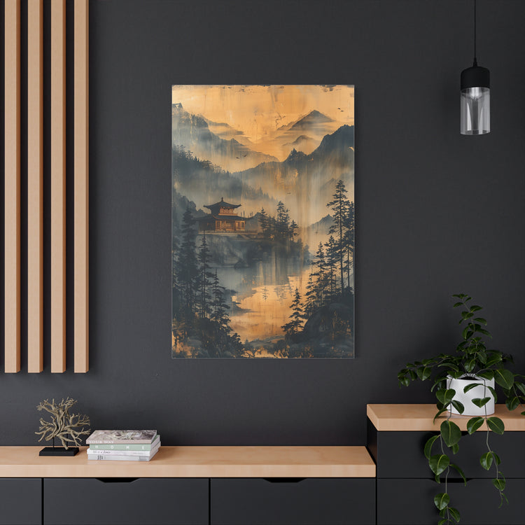 Golden Mist Mountain Landscape Canvas — Asian Pagoda Wall Art - The Art Hub