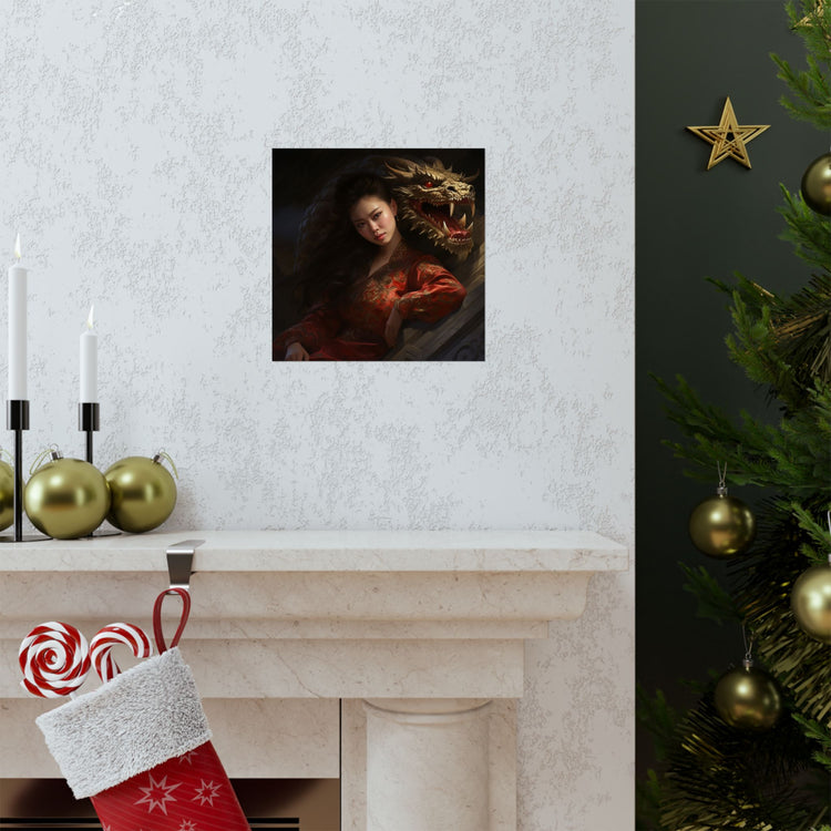 Matte Vertical Poster — Asian Warrior Woman with Dragon Art Print - The Art Hub