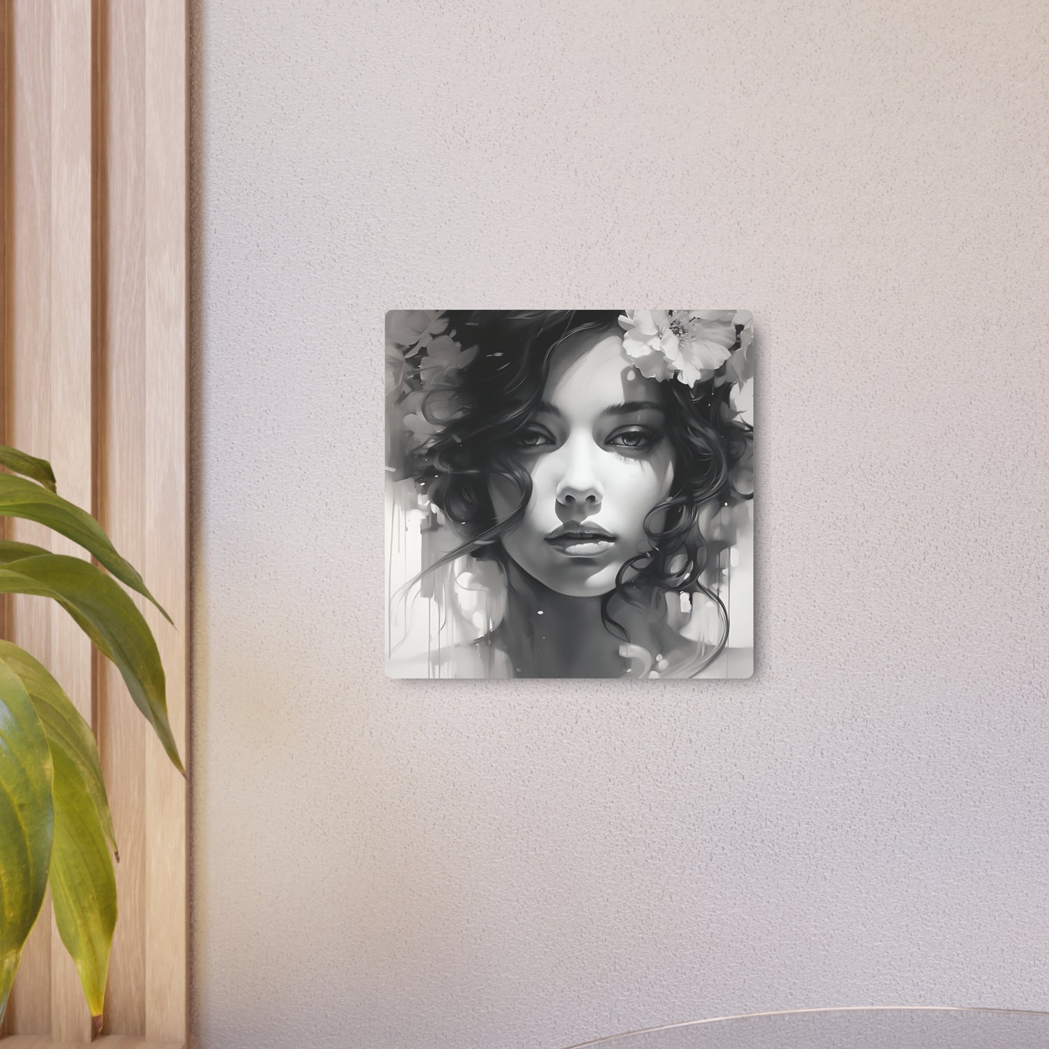 Metal Wall Art Sign — Monochrome Portrait of Woman with Floral Accents - The Art Hub