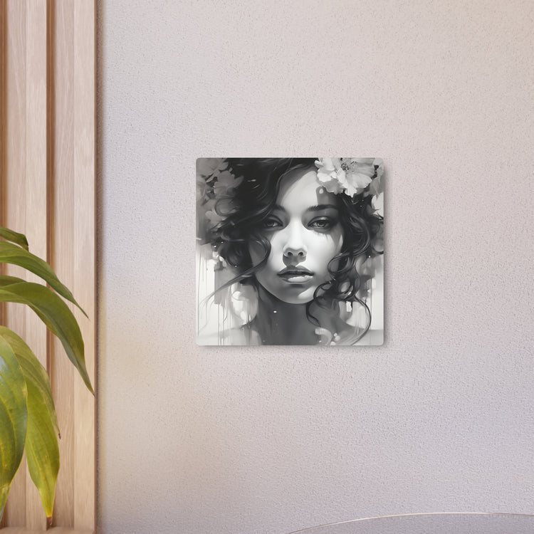 Metal Wall Art Sign — Monochrome Portrait of Woman with Floral Accents - The Art Hub