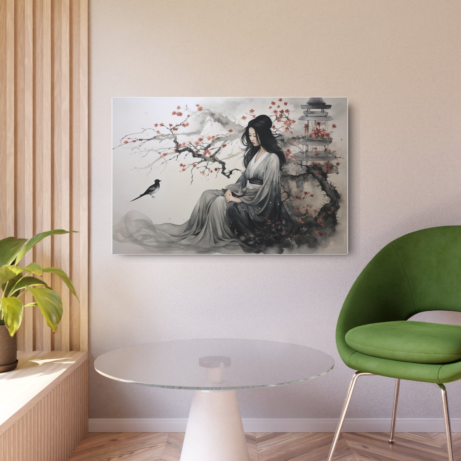 Oriental Lady Metal Art Serene Geisha with Cherry Blossoms Wall Decor - The Art Hub