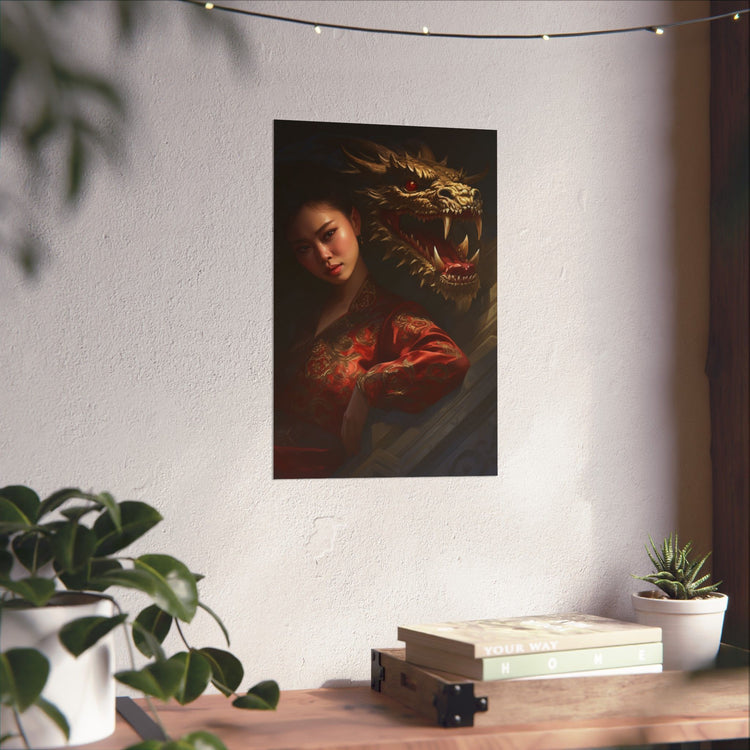 Matte Vertical Poster — Asian Warrior Woman with Dragon Art Print - The Art Hub